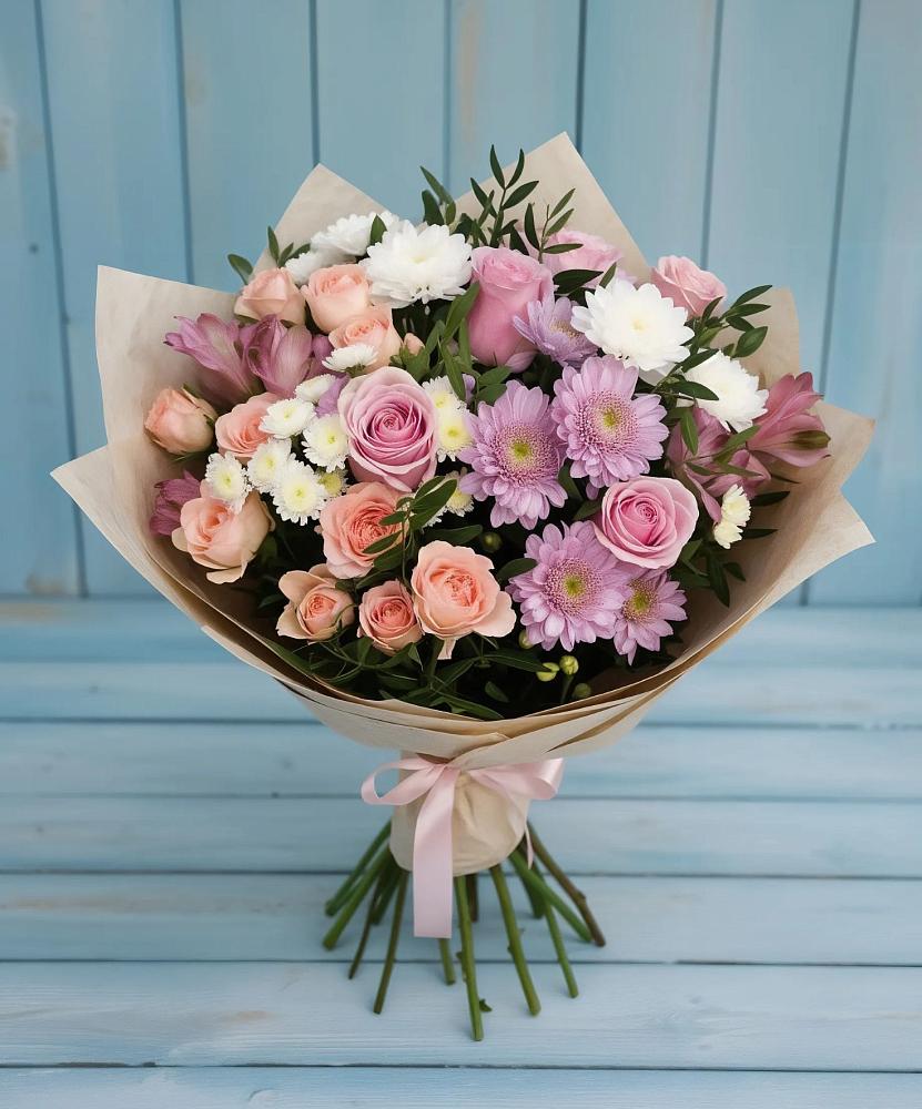 Букет цветов из: Хризантемы, Розы и Альстромерии в Новоульяновском