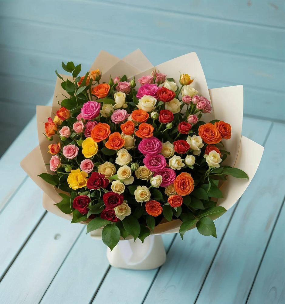 Букет Микс из разноцветных кустовых роз в Новоульяновском