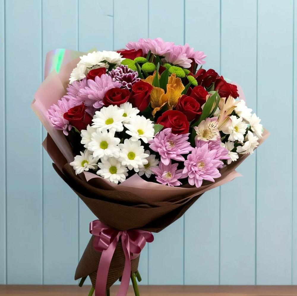 Букет цветов из: Розы, Хризантемы и Альстромерии в Новоульяновском