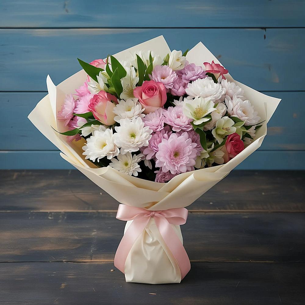 Букет цветов из: Хризантемы, Альстромерии и Розы в Новоульяновском